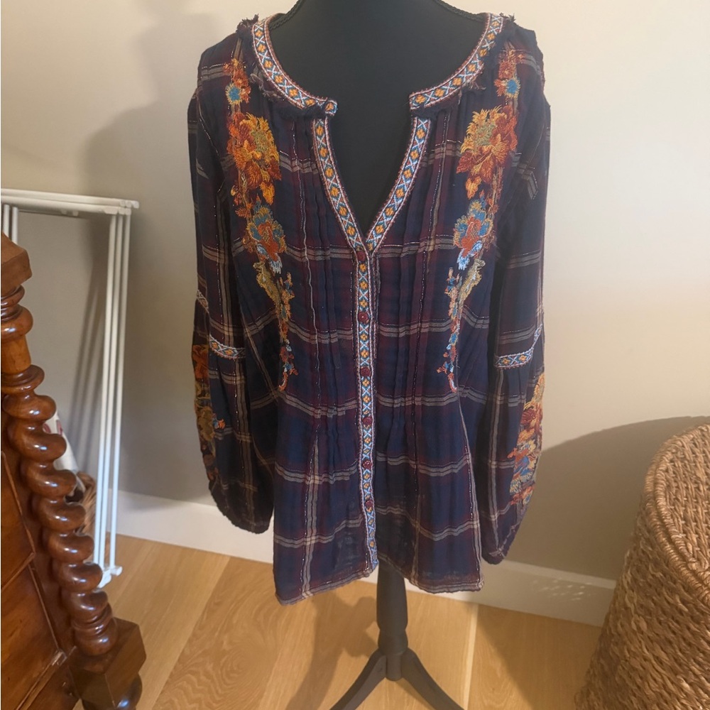 Sundance Navy Plaid Tunic with Orange & Blue Floral Embroidery